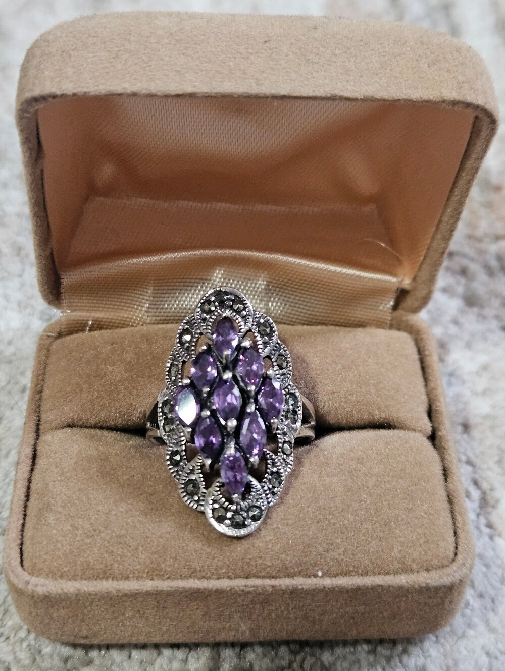 Vintage Art Deco Sterling Silver Purple Amethyst  Marquise Cluster Ring Size 9
